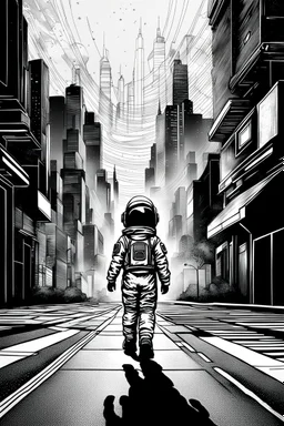 picture from a black and white line art cityscape. In the middle a color step transition photo of a little girl walking in space suit on the street, enhancing the contrast between her 3db texture and the black and white line cityscape, high digital illustration, cinematic