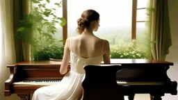 Caucasian woman with his back turned, seated on a wooden chair, wearing a white off-shoulder dress, in a room with a brown wooden piano and a green plant on top, near a window with a view of a green landscape