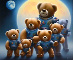 little boy and big teddy bears on moon. oil on canvas