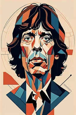 a highly detailed, abstract flat geometric portrait illustration of Mick Jagger in the minimalist style of Willi Baumeister, Federico Babina and Petros Afshar, sharply detailed and finely lined, in vibrant natural colors