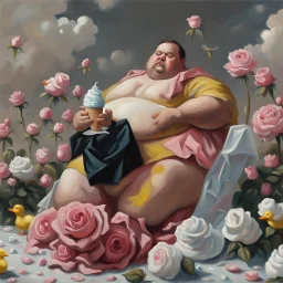 A fat man wearing a Balenciaga dress is sitting in a field of pink roses next to yellow plastic ducks and eating ice cream. 19th painiting