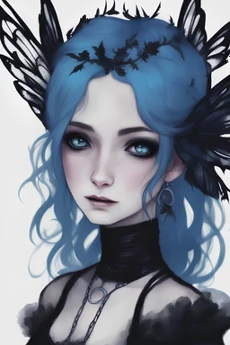 blue hair and black clothes goth fairy; black wings; snow on the ground at night
