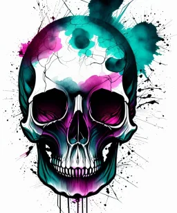 minimal lineart skull. watercolor and ink. black background. teal and magenta