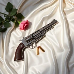 Revolver lying on a white silk sheet with bullets and a rose