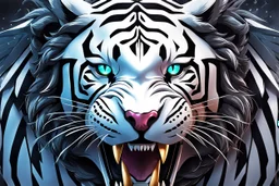 Cyber Machine venom in 8k anime realistic drawing style, white tiger them, neon effect, close picture, snow, black wings, apocalypse, intricate details, highly detailed, high details, detailed portrait, masterpiece,ultra detailed, ultra quality