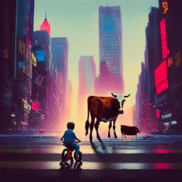 A one-year-old boy rides on the cow in the middle of a busy street in new york. photographic, bright colors and sunset, fantasy art, Anna Dittmann, digital painting, dan mumford, oil on canvas, jeff koons, akihito yoshida, wlop, kodachrome.