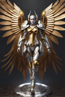 Photo Realistic, Full body Lady Angel cyborg straddle wings, using traditional armor,detailed, intricate,gears cogs cables wires circuits, gold silver chrome copper,abstract background