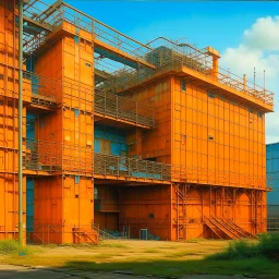 A salmon orange colored pixelated factory painted by Albrecht Durer