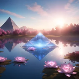 hyper realistic large Cristal etheric glowing blue Starship with white light beam towards a lake below, in the blue sky at sunrise, in the ground severals big light pyramides with light beams pointing towards the sky, many big pink lotus flowers in the ground, intricate textures, 8k resolution, volumetric lighting, ray-tracing, depth-of-field, specular highlights, subsurface scattering, multi-layered materials.