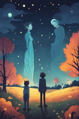 a non-binary person looking up to a tall ethereal person in a pasture at night during fall cartoon style