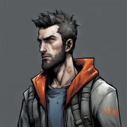 man,, looking serious, comic book, post-apocalypse, grey background