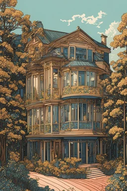 museum quality color woodcut of a French art nouveau style townhouse, in the style of Gustave Baumann, with a fine art aesthetic, highly detailed, finely cut ,8k render,