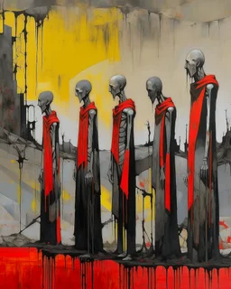 long-legged surreal lean black-grey unearthy figures with ribbon-shaped heads in overcoat, profile, semi-silhouettes among ramshackle ruins in a barren landscape of red, yellow, black and beige colors, intricate acrylic painting