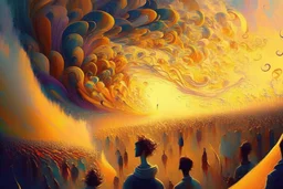 Crowd of people each painting magical swirls of colourand soundin the air with paintbrushes,surreal,golden hour