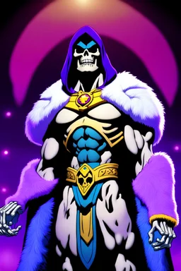 Skeletor as the first ultimate well trained god of boobs in a spotlight wearing fur