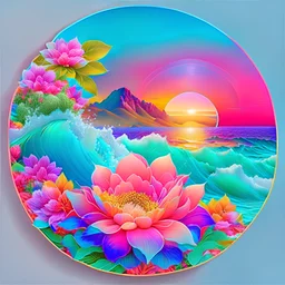 seamless sticker, artwork of surf t shirt graphic of majestic lotus flower and palm tree in digital painting style, beautiful flowers, sunrise mountains and clouds , big sea waves, water splashes, white background, colorful fantasy flower sorround, highly detailed clean, vector image, photorealistic masterpiece,