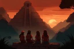 /imagine prompt: a group of friends contemplating the stars from a maya ruin in tikal, Cinematic, Warm Color Palette, 32k, Full-HD