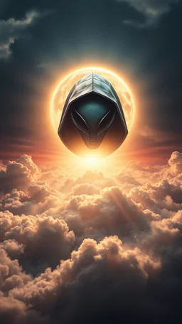 Portrait of a hooded alien above swirling clouds, emerges from the heart of a raging storm. Turbulent winds of steam swirl around the iconic structure, lit by shafts of sunlight that cast dramatic shadows on the A large sun hovering by over the clouds, another high planet waiting to collapse with planet earth , High quality 16k cinematic scene and great photography
