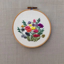 exquisite whimsical australian flowers in embroidery hoop, intricate, highly detailed, linen and wood backdrop