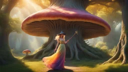 A slender, witchy woman in a flowing, colourful, wispy dress, holding a long, twisted staff, standing outside a gnarly, ancient, large mushroom house built into a tree, surrounded by lush, vibrant, Pandora-like woodland, on a bright, sunny day, with warm, golden light.