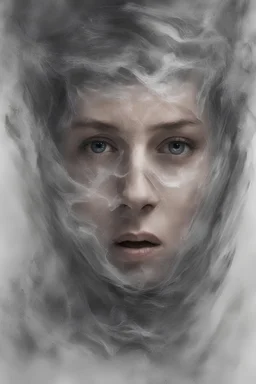 A realistic , 8k high quality image of a person's face from above, face is covered with a plastic, can't breath, suffocating with the face showing like vacuumed under the plastic, eyes open and looking in fear, metaphorically depicting the suffocating grip of anxiety, gothic and dramatic, chaos80 , with debree flying around, abstract