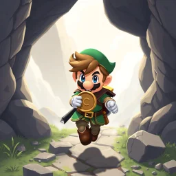 Male Fantasy RPG character, chaabi kawaii mario proportions, lord of the rings inspiration, with a coin held out in front, in a bounding run out from behind a large rock), isometric game