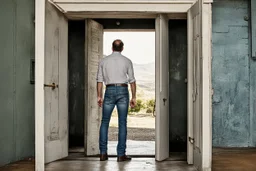 man in jeans and a shirt, back to the camera, standing in a row of doors, looking out through a doorway