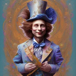 "Mad Hatter" book young man character of "Alice in the wonderland", elegant,sarcastic smile, by Disney,Chie Yoshii,alphonse mucha,earnst haeckel