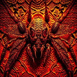 A national geographic award skin color patterned like a poisinous incect or reptile, horrorcore, science gone crazy, winning photograph of of a bat spider housefly hybrid in nature and on the hunt, 64k, reds, oranges, and yellows anatomically correct, 3d, organic surrealism, dystopian, photorealisitc, realtime, symmetrical, clean, 4 small compound eyes around two larger compound eyes, surrealism telephoto dynamic lighting 64 megapixels Unreal Engine volumetric lighting VRay