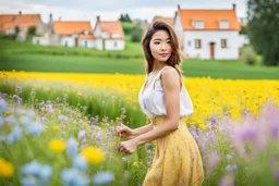 Young woman in flower field in country side ,river, houses