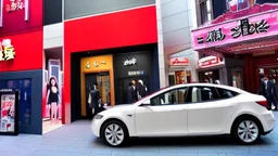 A Tesla's 'Model S Plaid' is parked, within the 'Universal Studios Japan', in Osaka. CINEMATIC. WIDE ANGLE LENS. PHOTO REAL.