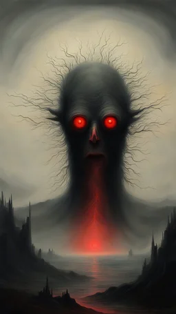 vaporous creature made with electric interferences and two red eyes ; style david caspar Friedrich