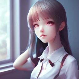 Anime girl studying in room, perfect face, window, nature, anime style, unreal engine 5, studio lighting --ar 2:1