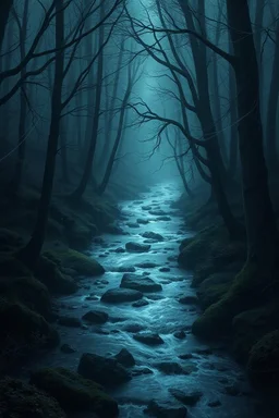 fantasy winding dark forest river in the darkness and cobwebs and little will o' wisps