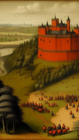 An orange colored marshland near an iron fortress painted by Pieter Bruegel the Elder
