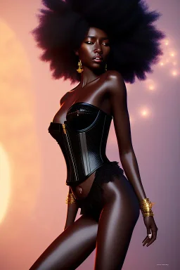 A portrait of a beautiful youthful black woman, wearing a black corset, long black hair, wizard, magical, ethereal, Warm bright lighting. Concept art by wlop. Ultra quality 8k.