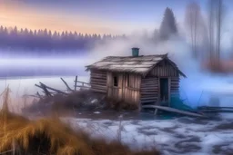 an old dilapidated hut on the lake shore, next to the forest, severe frost, frost, 4K, high resolution, high detail, 300 mm, f/10.0, 1/1600 ms, HDR+, fantasy, wide range. blue, purple, purple ochre, airy, clouds of smoke, fabulous white landscape, 3D, 16k, surrealism, detailed drawing of details, clear outline, stardust, silk threads, blue, white, lilac, neon, color illustration,, Catherine Welz Stein