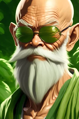 Master Roshi from Dragon Ball Super, Ultra realistic human like portrait, greenery background,
