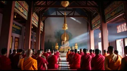 Inside a Buddhist monastery in Thailand, Buddhist monks, worship, award-winning colour photograph, beautiful composition, exquisite detail, Nikon 35mm