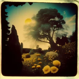 Polaroid photo of a peaceful marvelous landscape, trees, st, flowers, giant sun, very spooky figure, intricate, rock formations, atmosphere of a Max Ernst painting, Henri Rousseau, thoughtful, interesting, a bit appalling, smooth