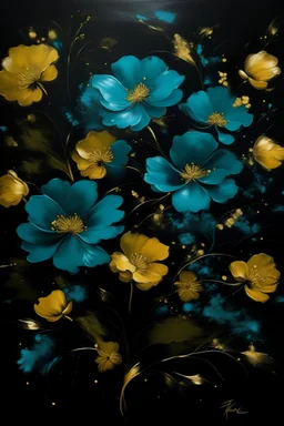 painting of tourquise flowers with gold flowers in center of canvas black background
