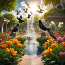 Hyper Realistic photographic-view of Lots-of-Koel-Birds Flying in a beautiful flower garden with grass-patches & a water fountain with sunlight-rays-behind-clouds showing dramatic & cinematic ambiance