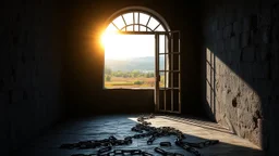 Inside a dark dismal cold prison cell with chains on the floor, looking out through a wide open heavy cell door into freedom, with colourful gardens and distant hills in bright warm sunshine. Exquisite composition, beautiful detailed intricate detailed octane render, 8k artistic photography, photorealistic, perfect light, chiaroscuro, award-winning photograph, masterpiece