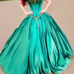 Art of a princess with long auburn hair in a big teal green and gold satin ballgown corset off shoulder top and long white gloves dancing