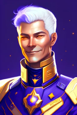 galactic man white grey short haired deep purple eyes smile emperor of sky command of vessel blue gold orange uniform