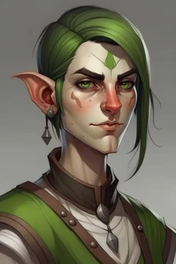 strong young half orc androgynous who works at a tavern with pointy ears and green skin realistic short hair