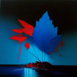 Minimal abstract flat oil painting of a neon large red leaf in landscape. illuminated at night. With triadic blue colours. In the style of Justin Mortimer and Phil Hale, Ashley Wood