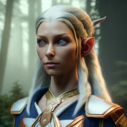 Portrait of a female wood elf diplomat. She has an angry facial expression. She has long, curled, white hair shaved on the right side and blue eyes. She has rough copper skin with yakuza tatu, atmospheric, realistic, unreal engine cosmic galactic, cinematic lighting, octane render, random colors, transparent, cosmic ambiance, masterpiece, art by Yoji Shinkawa, composing fit inside, masterpiece