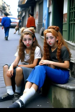 iki kız beraber sokakta oturuyorlar yaşları daha büyük liseliler daha renkli kızlardan birinin saçı kabarık diğerininki ise biraz uzun geniş açı ikisininde vücudu tam görünsün 2d çizgi roman gölgelendirmesi