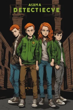 Design a detective book cover for teenagers. Three teenage detectives and a black cat in the centre, one boy on her left, the girl in the centre and one on her right are on the town street. Banksy style, modern comic book style, mysterious atmosphere, modern clothes, streetwear, street look, Polish style, highly detailed, green eyes, brown eyes, ginger hair, brown hair, blonde hair